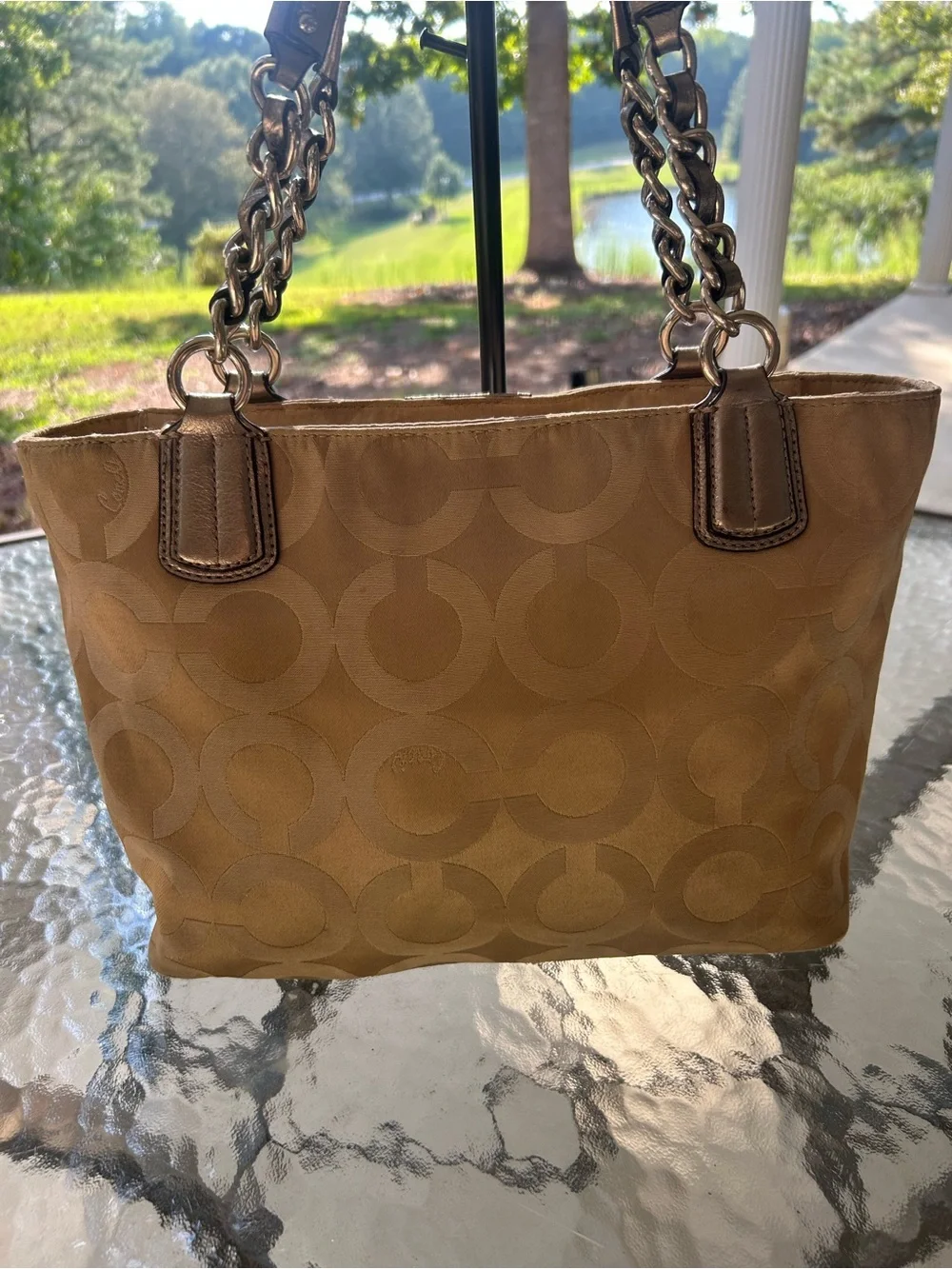 Coach 20481 Signature Jacquard Metallic Gold Chain Strap Tote Bag